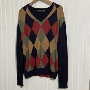EILDON‎ HILLS L 100% EXTRAFINE MERINO WOOL Argyle Sweater Preppy Academia V-Neck